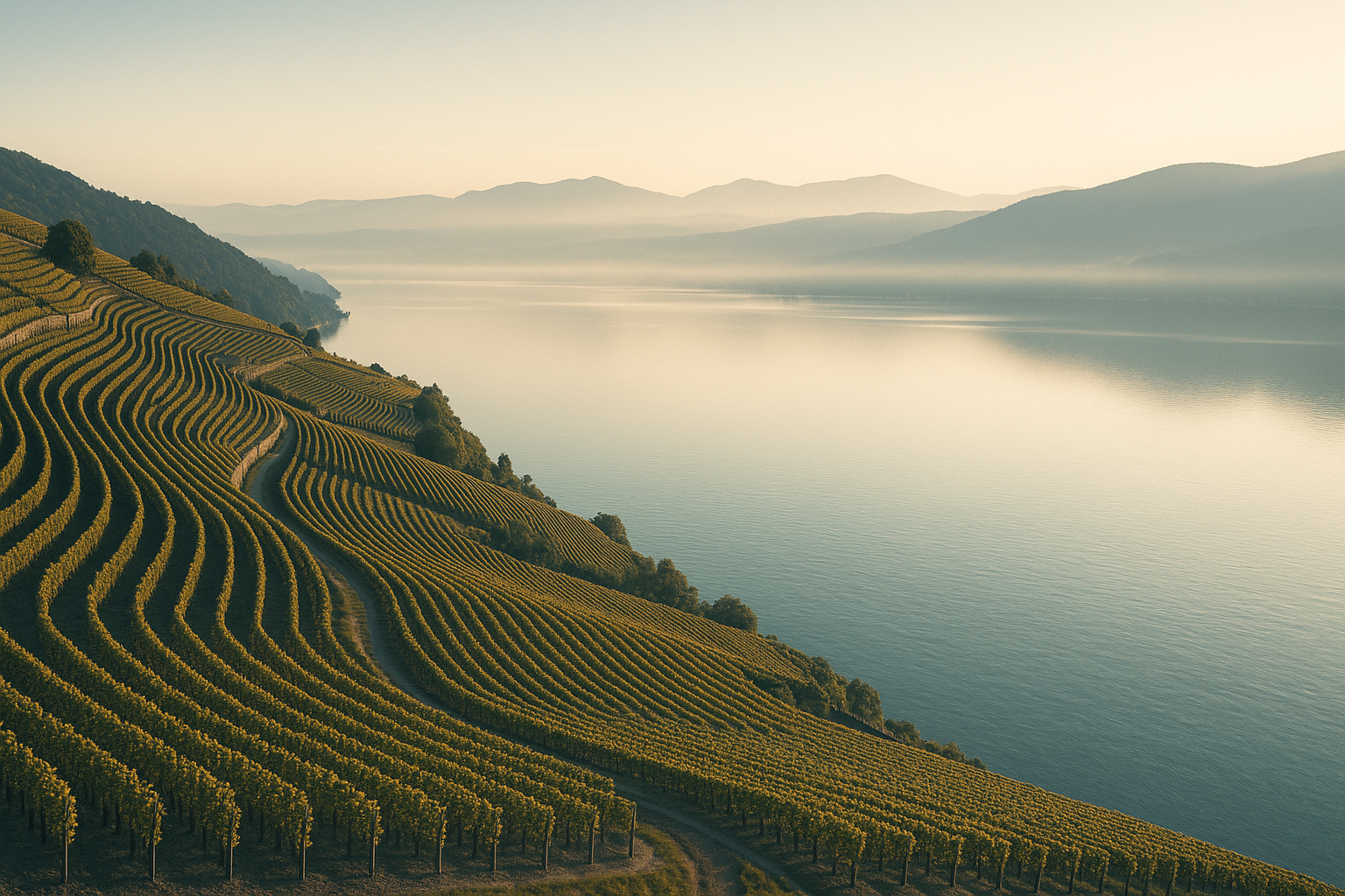 Les terrasses du Clos du Lac plongeant vers le lac de Bienne