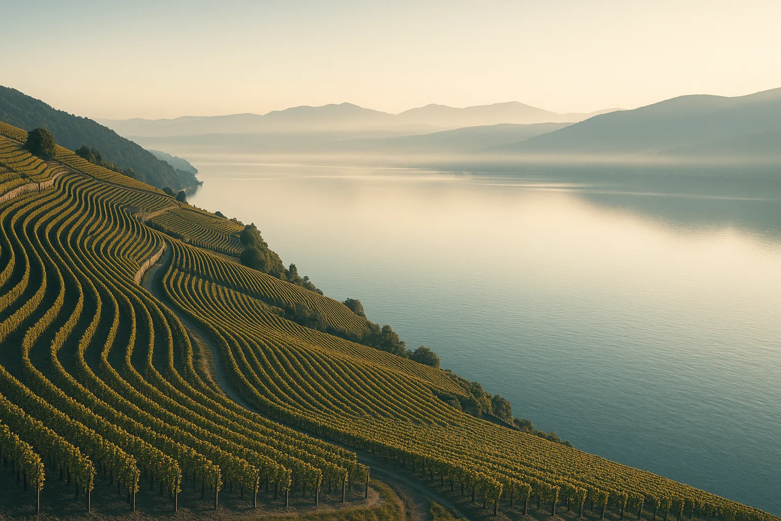 Les terrasses du Clos du Lac plongeant vers le lac de Bienne